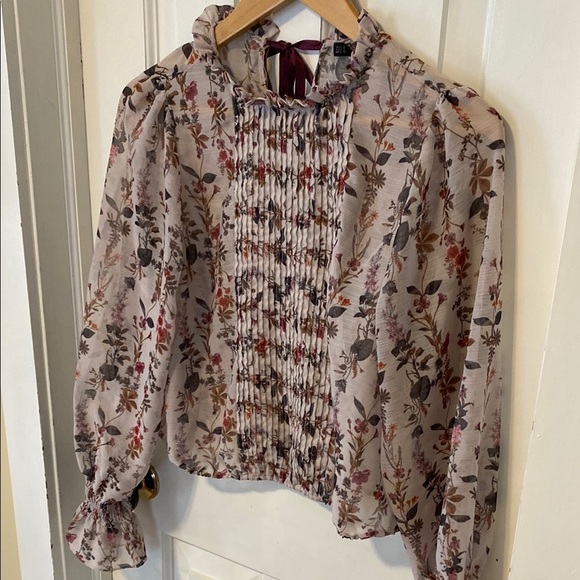 Zara Tops - Zara Floral Ruffle Pleated Sheer Blouse Long Bell Sleeves Ribbon Tie Boho Dainty